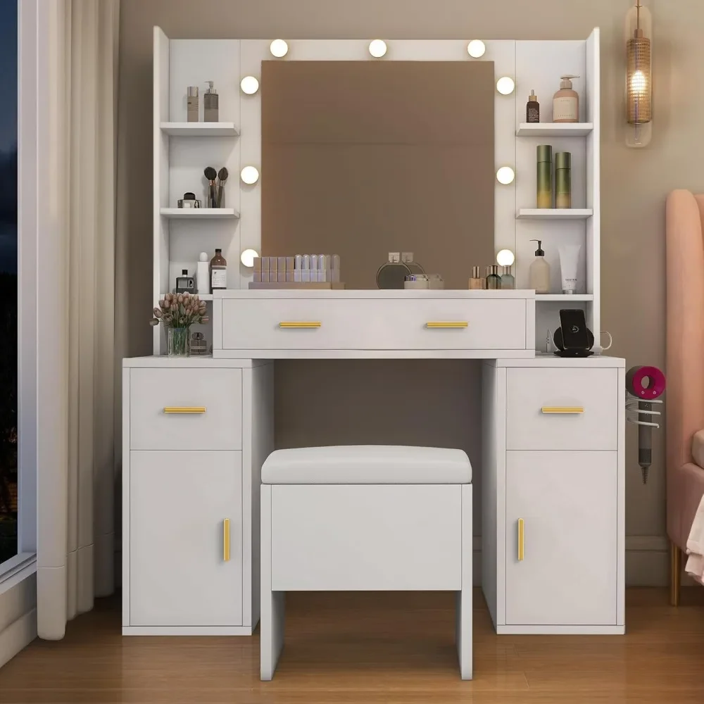 

Vanity Desk with Mirror and Lights, Makeup Set with Drawers & Cabinet, Adjustable Brightness Lighting - Bedroom Dressing Table