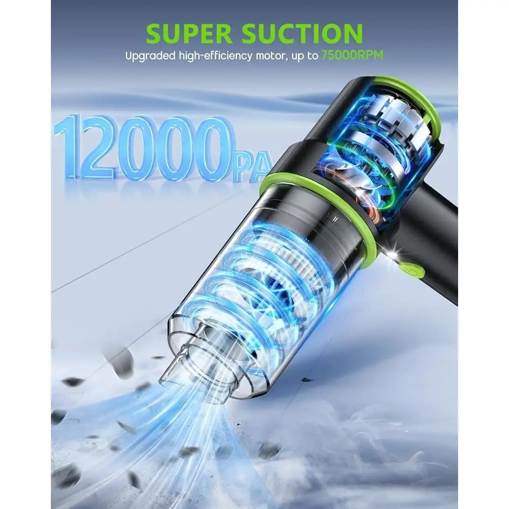 휴대용 자동차 진공 청소기 무선 12000PA 휴대용 미니 진공 HEPA 필터 LED 라이트 다기능 노즐 공기 먼지 떨이