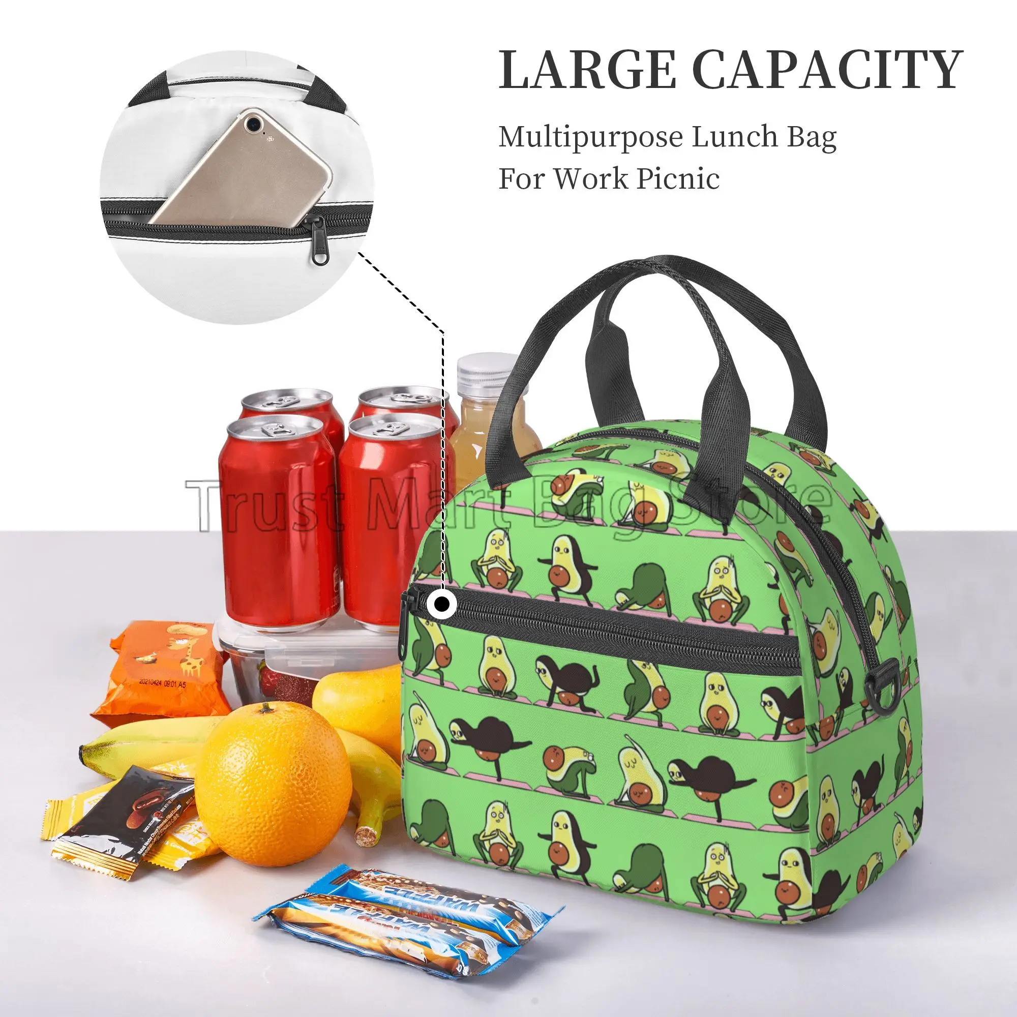 Cute Avocado Print Insulated Lunch Bag Reusable Thermal Lunch Box for Women Men Waterproof Cooler Tote for Picnic School Work