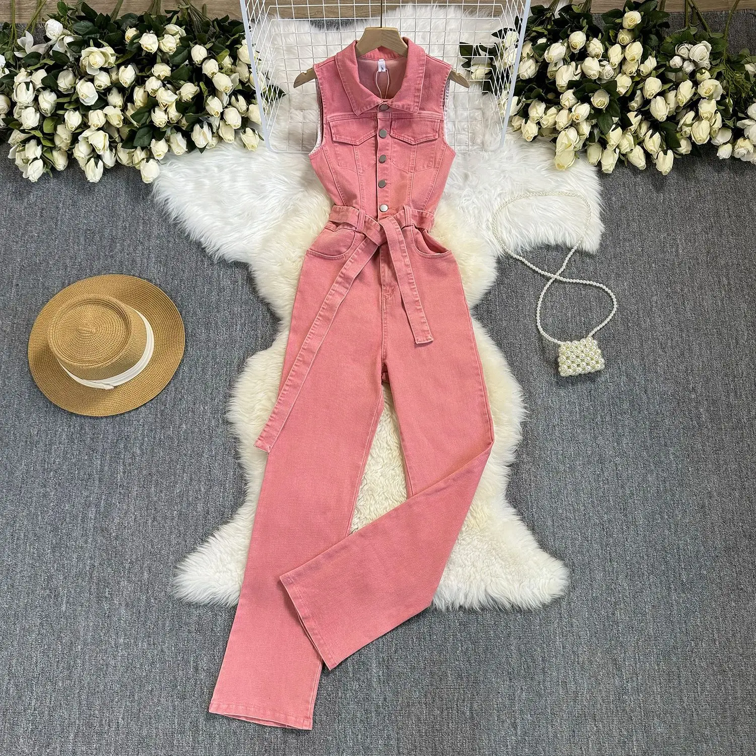 

Vintage Chic Design Straps Waist Slim Lapel Metal Buckle Jeans Jumpsuit