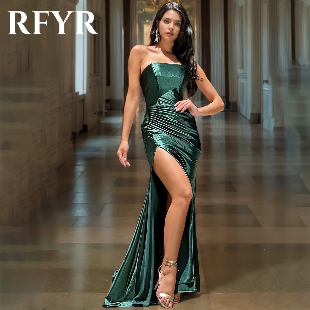 

RFYR Amazing Green Evening Dress Strapless Mermaid Prom Dress Floor Length Sleeveless Satin Formal Dress with Slit Customized