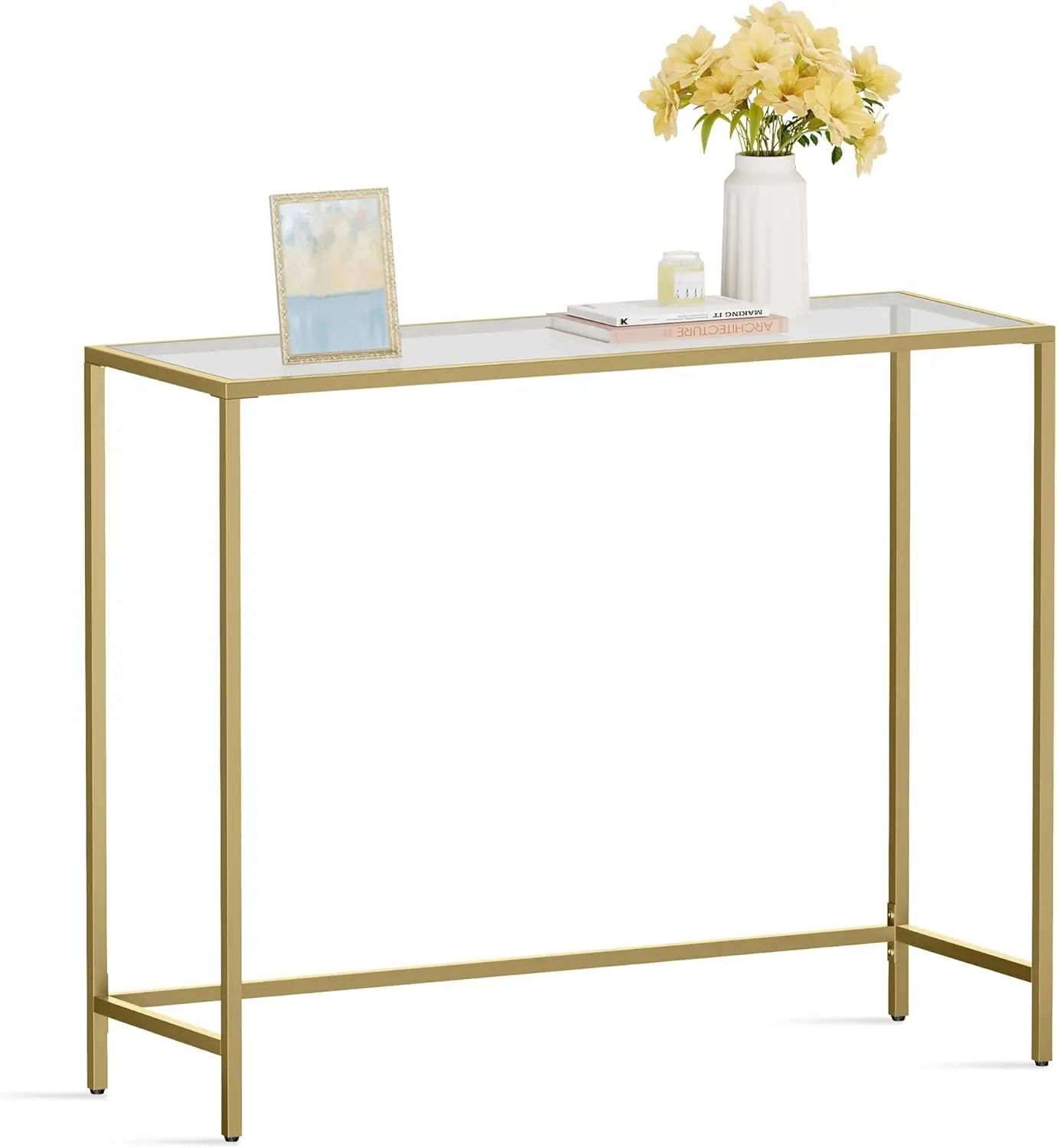 

39.4 Inches Console Table, Tempered Glass Sofa Table, Modern Entryway Table, Metal Frame, Easy to Assemble, Adjustable Feet