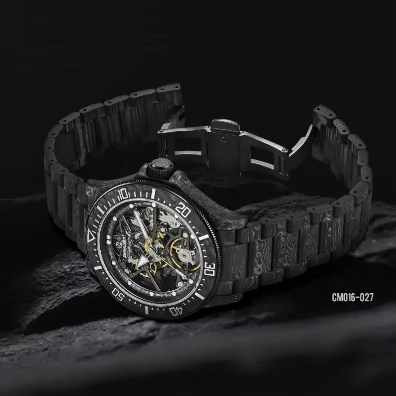 

CRONUSART Мужские автоматические часы 42 мм Военные механические наручные часы Корпус и ремешок из углеродного волокна Светящийся скелетонизированный циферблат Легкий вес