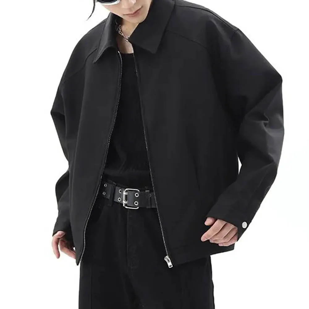 

Осенняя новая мужская однотонная куртка с длинными рукавами на молнии в американском стиле ретро, свободные повседневные простые мужские топы на High Street, 2025 г.