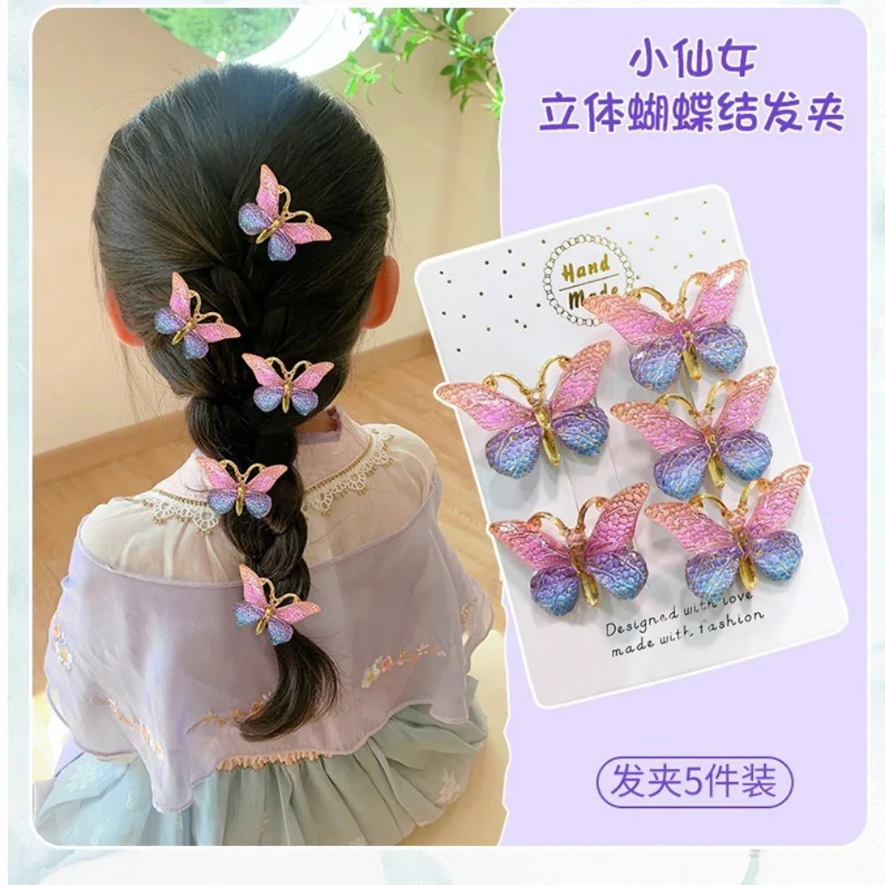 머리핀 5PCS Sweet Macarons Gradient Color Cute Butterfly Kids Hairpins Children Headwear Princess Barrette Girls Hair Accessories