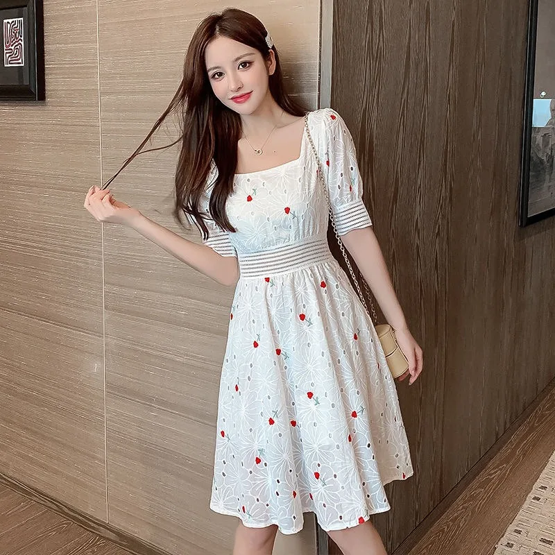 

Dress Women Summer New Sweet Embroidery Slimming Square Collar Dresses Y2k Hollow Out Waist Puff Sleeve Mid-Length Skirts 원피스