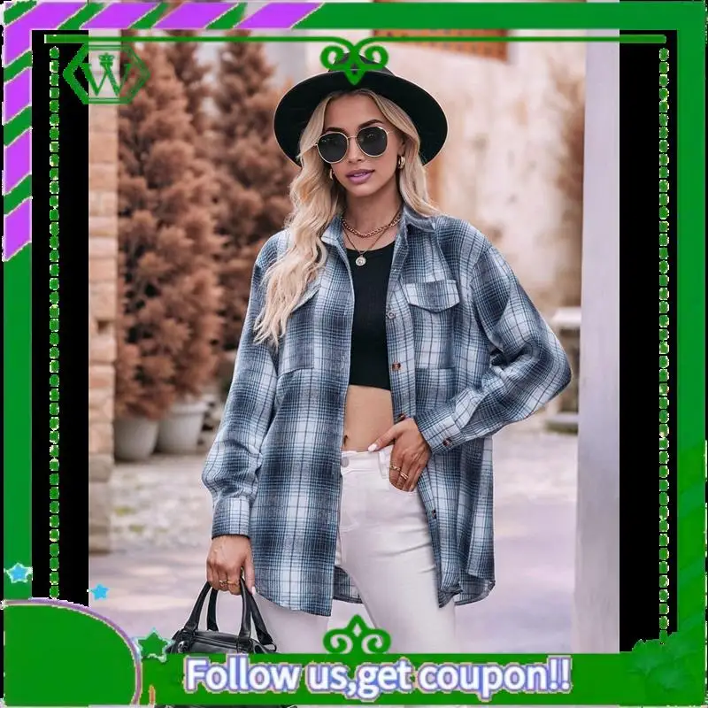 A18P-Damen-Flanell-Karohemd mit Knopfleiste, übergroßes, langärmliges, kurzärmliges Jackenoberteil