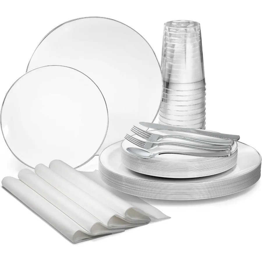 

200 шт. Набор одноразовых пластиковых тарелок для свадебной вечеринки. В комплект входит 25 x 10,25 дюймов. Обеденные тарелки 25 x 7,5 дюймов. Тарлы для салата Sil.