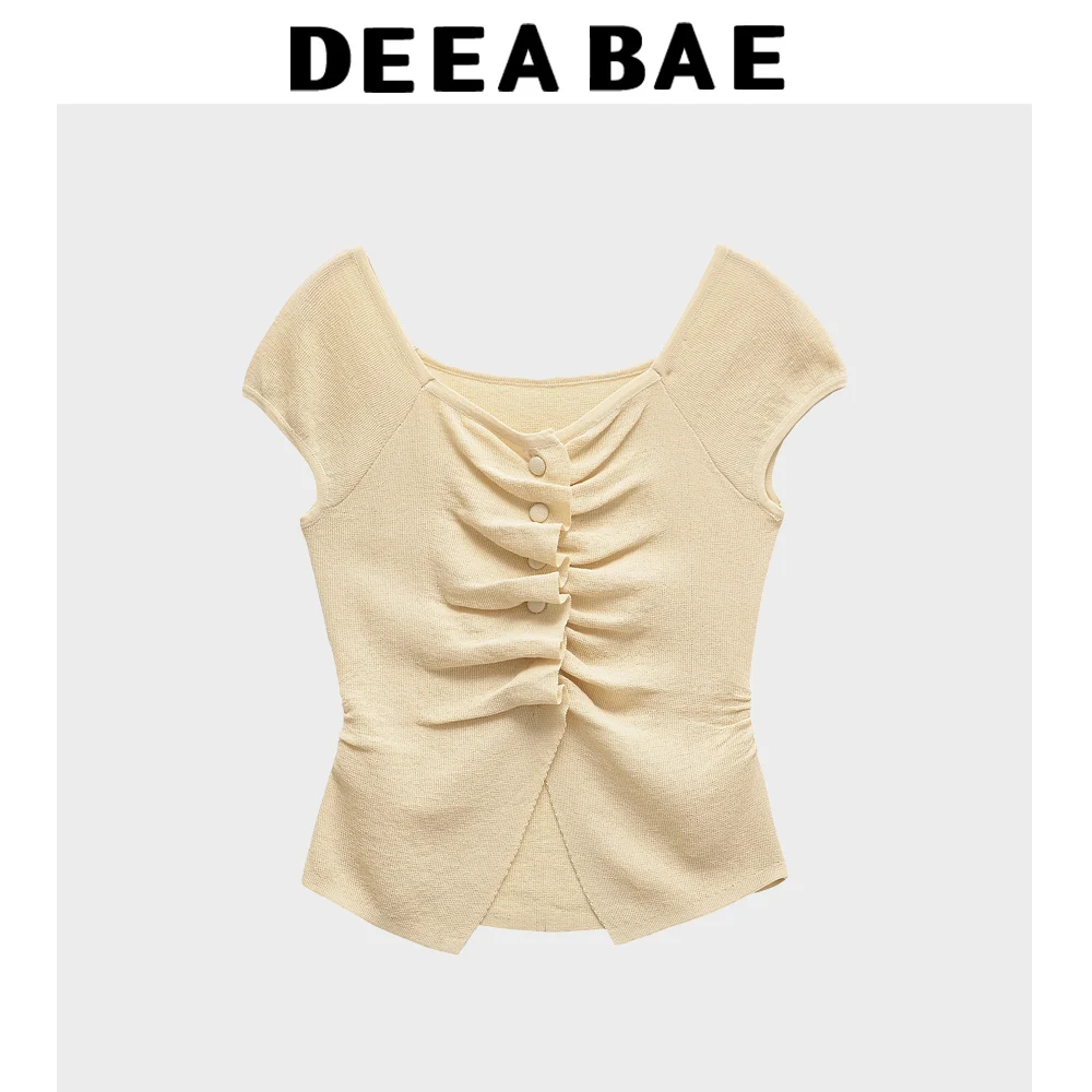 DEEABAE летний женский вязаный топ Pure Desire SStyle, элегантный темпераментный плиссированный декор, французский вязаный топ с круглым вырезом