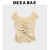 DEEABAE Summer Women's Pure Desire SStyle Elegant Temperament Pleated Decoration French Round Neck Knitted Top