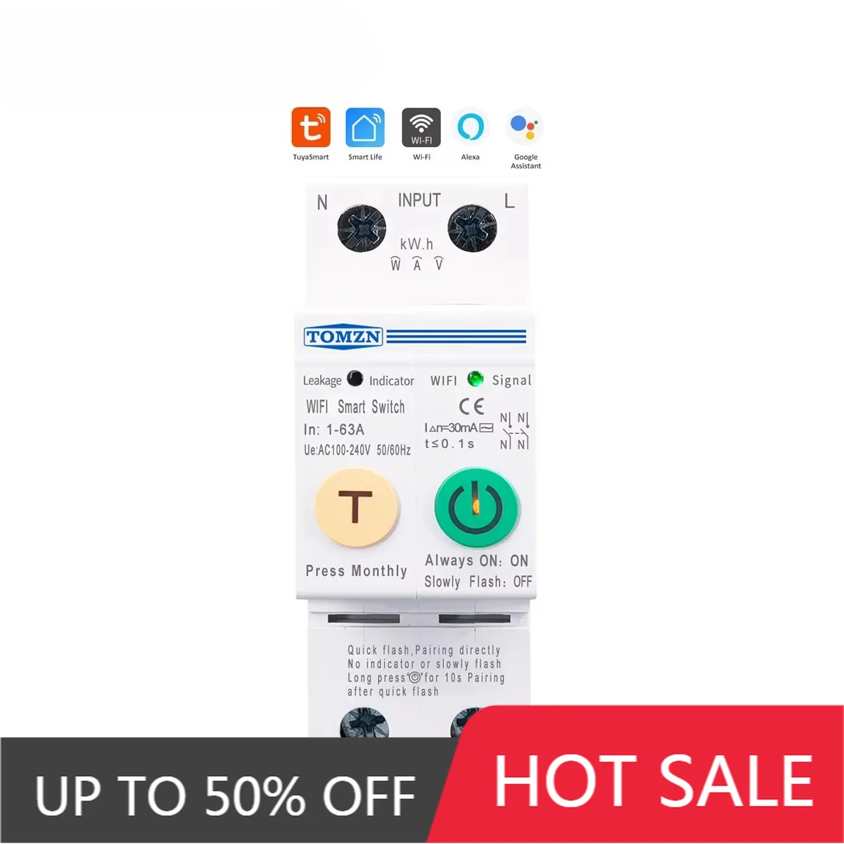 TOMZN 63A Single Phase Tuya WiFi Smart Breaker Energy Monitoring Timer Relay