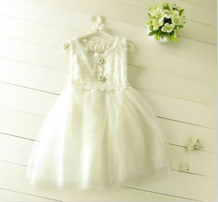 White Tulle Princess Dress for Baby Girl with Pearl Lace Pearl Buttons Children's Evening Party Dress 2-6 Years