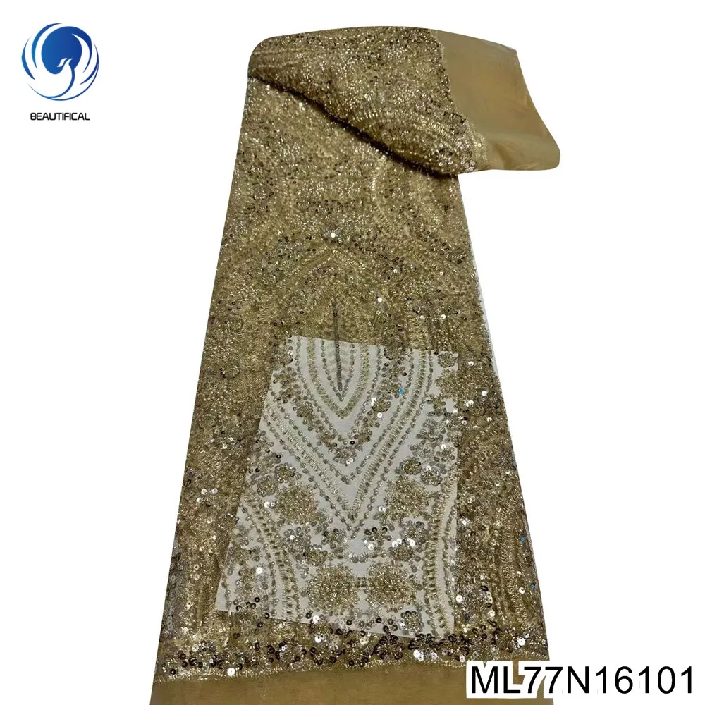 

French Glisten Sequins Fabric, Heavy Bead, African Tulle Lace, High-end Wedding Dress, Classic Design Pattern, ML77N161