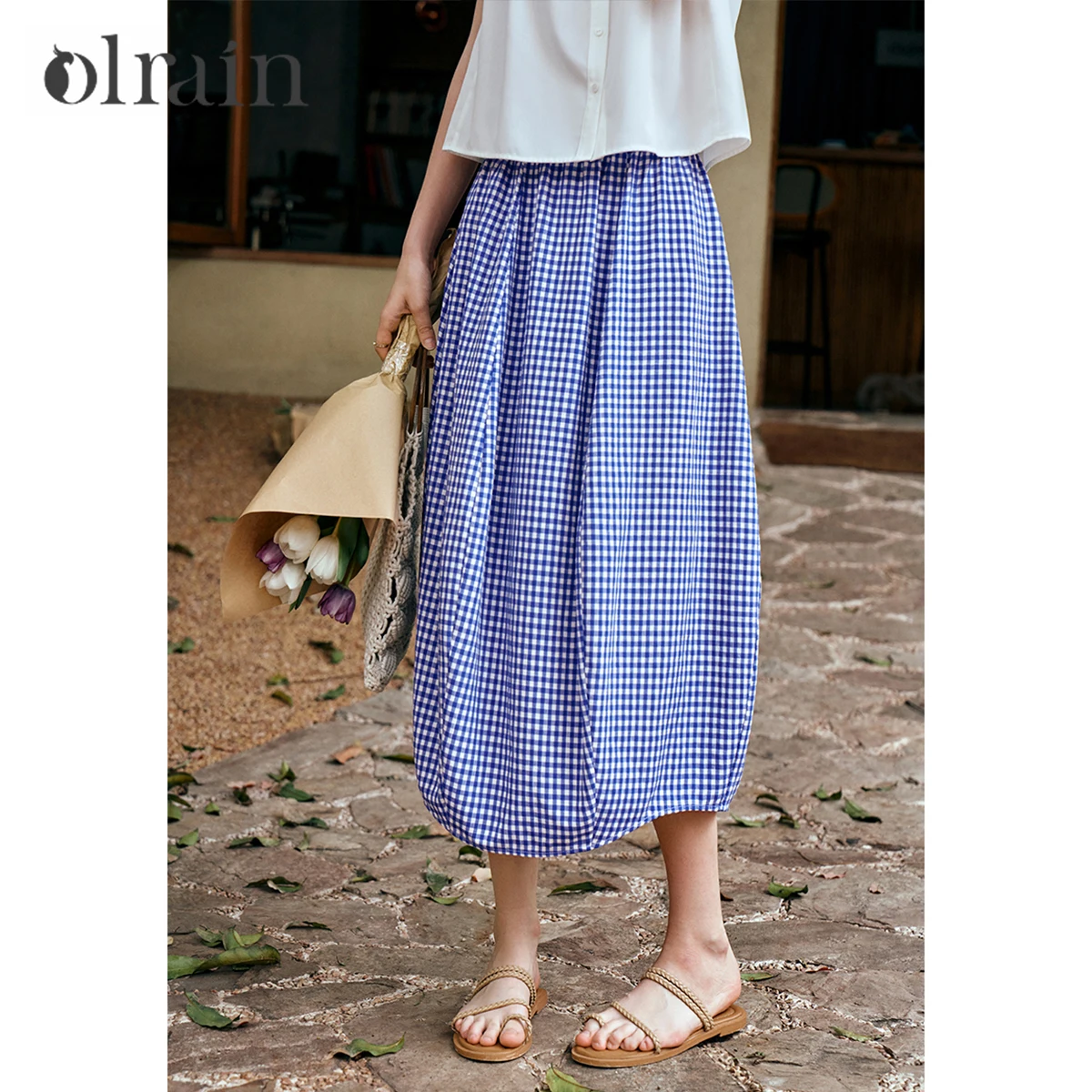 

OLrain Women's Summer 2026 Office Ladies Midi Elastic Waistband Skirt Elegant Blue Plaid BUD Skirt Woman Clothes O57XB99598
