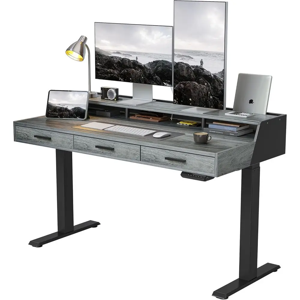 

Ergonomic Electric Height-Adjustable Desk, 55x26 Rustic Grey, with 3 Wooden Drawers and Monitor Shelf