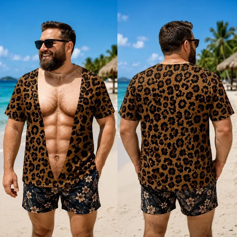 Men's Leopard Print Faux Muscle See-through T-shirt 3D Printed Faux Abdominal Muscle Pattern Top Beach Vacation Fun Party Top