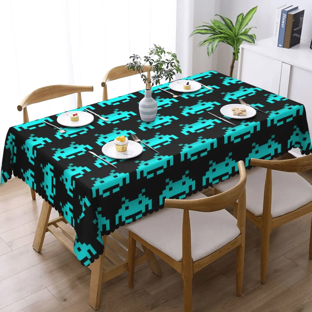 Retro Game Space Invaders Black Custom Rectangular Tablecloth Oilproof Table Cover for Dining Events Table Cloth