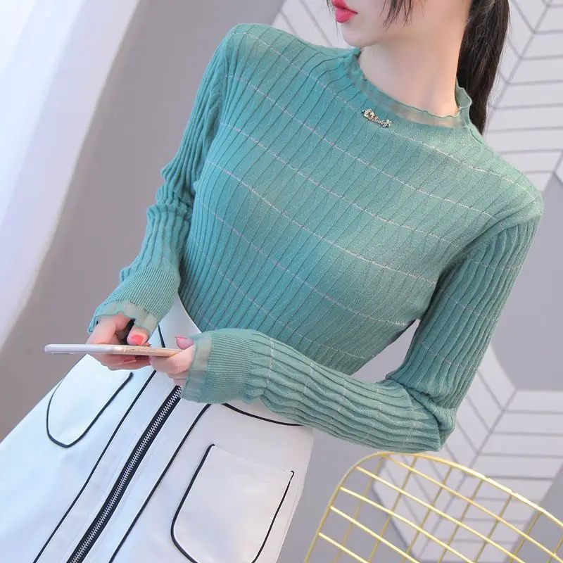 Top Women's Spring Fall Mid-Collar Long Sleeve Sweater Knit Top Slim Fit Stylish Layering Piece Base Layer New Casual Minimalist 3