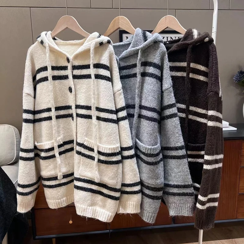 

Chic Stripe Hooded Cardigans Women Autumn Winter New Single Breasted Pockets Loose Sweater Coat Casual All-matched Warm Top