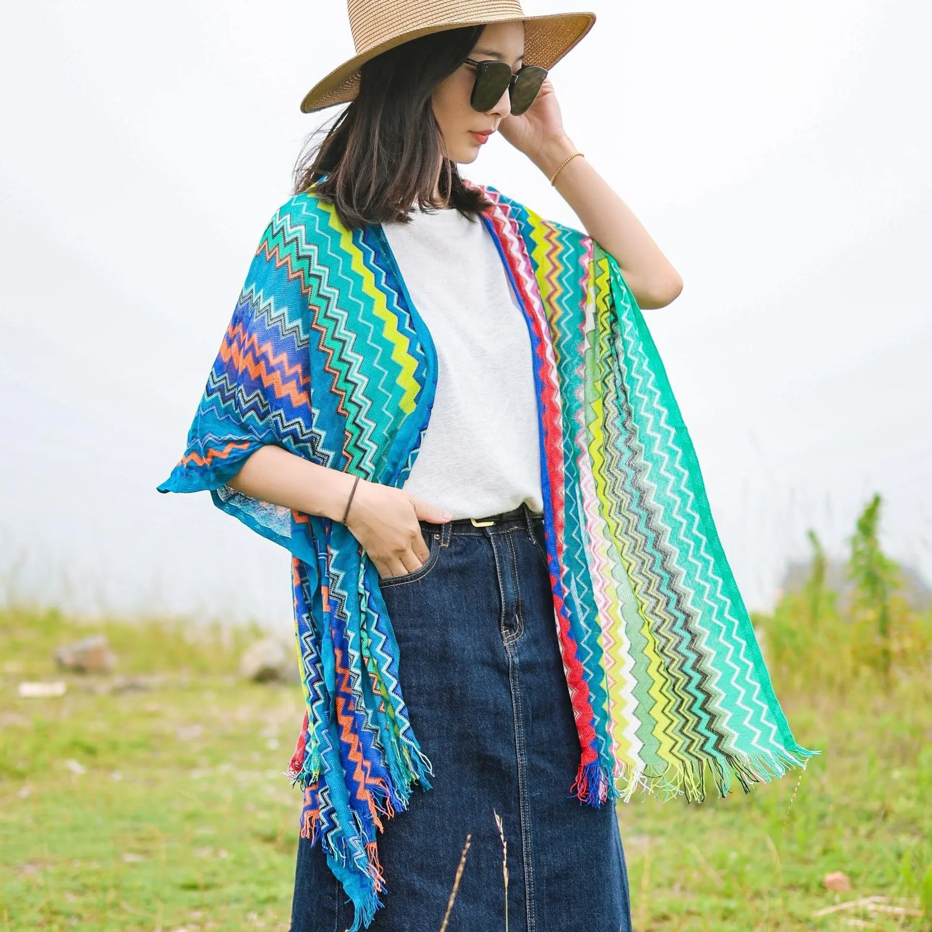 

Ethnic style Poncho colorful striped gradient cape fashionable travel women's sun protection dual-use cloak P1