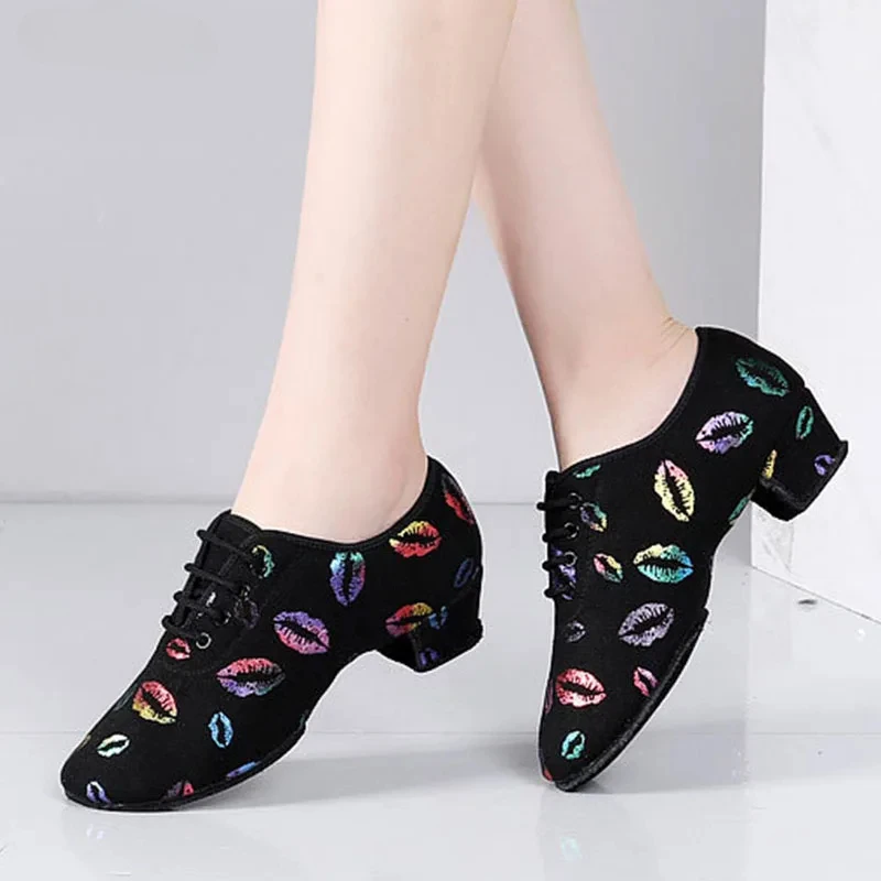 high heel dance shoes sneakers women ballroom latin dance shoes woman black close toe dancing shoes for women Lip print