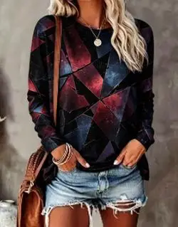 Women's Face Top Black Red Abstract Print Long Sleeve Round Neck T Shirt
