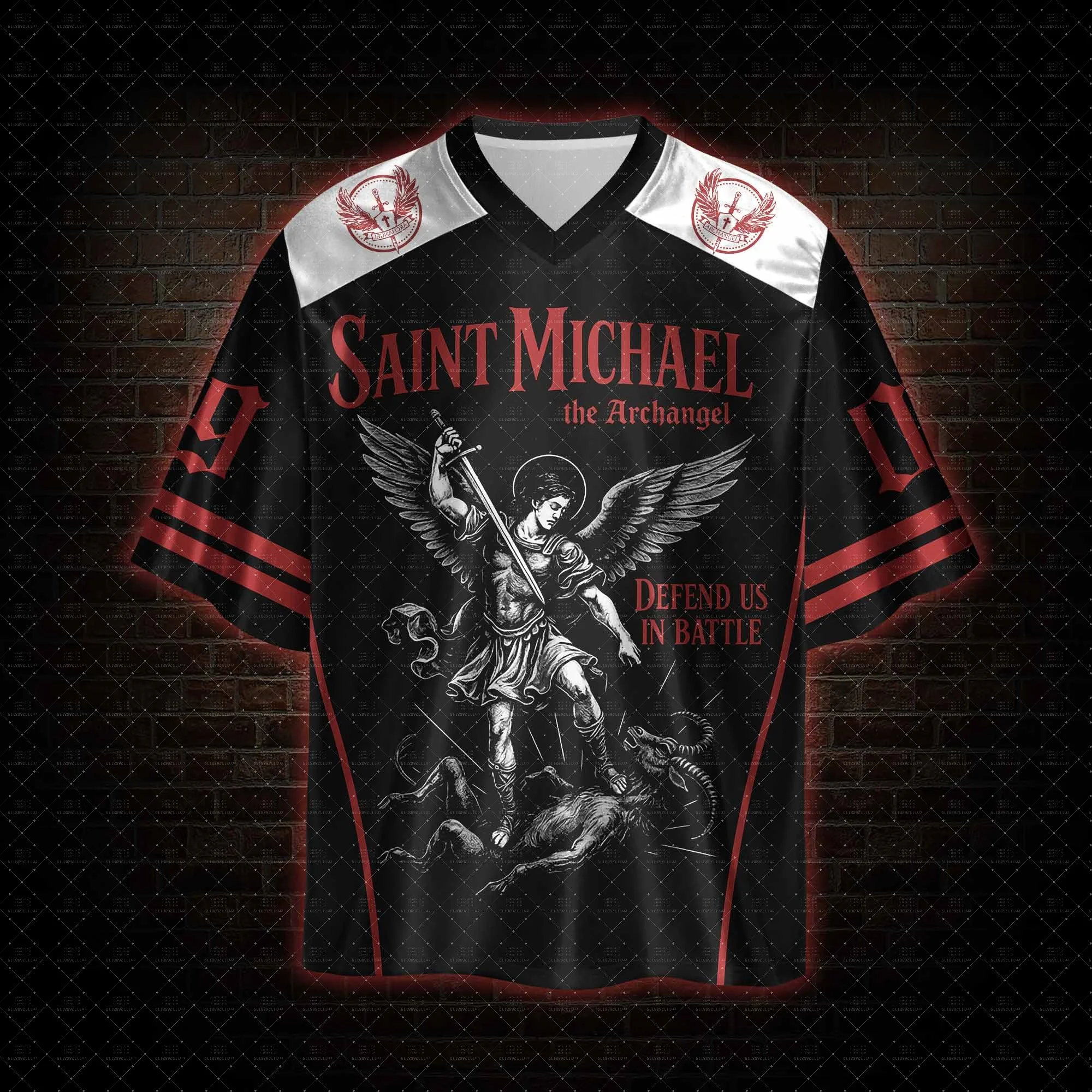 Retro Religious Winged Angel Sword Art Mesh Short Sleeve Jersey Emblem Decor Double Red Stripe Cuff Unisex Goth Street Top