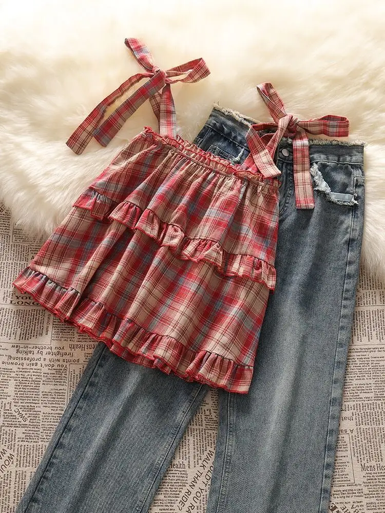 Spring and Summer Sweet Style Set French Retro Plaid Tank Top Women's High Waisted Fringed Straight Leg Jeans Two-piece Set