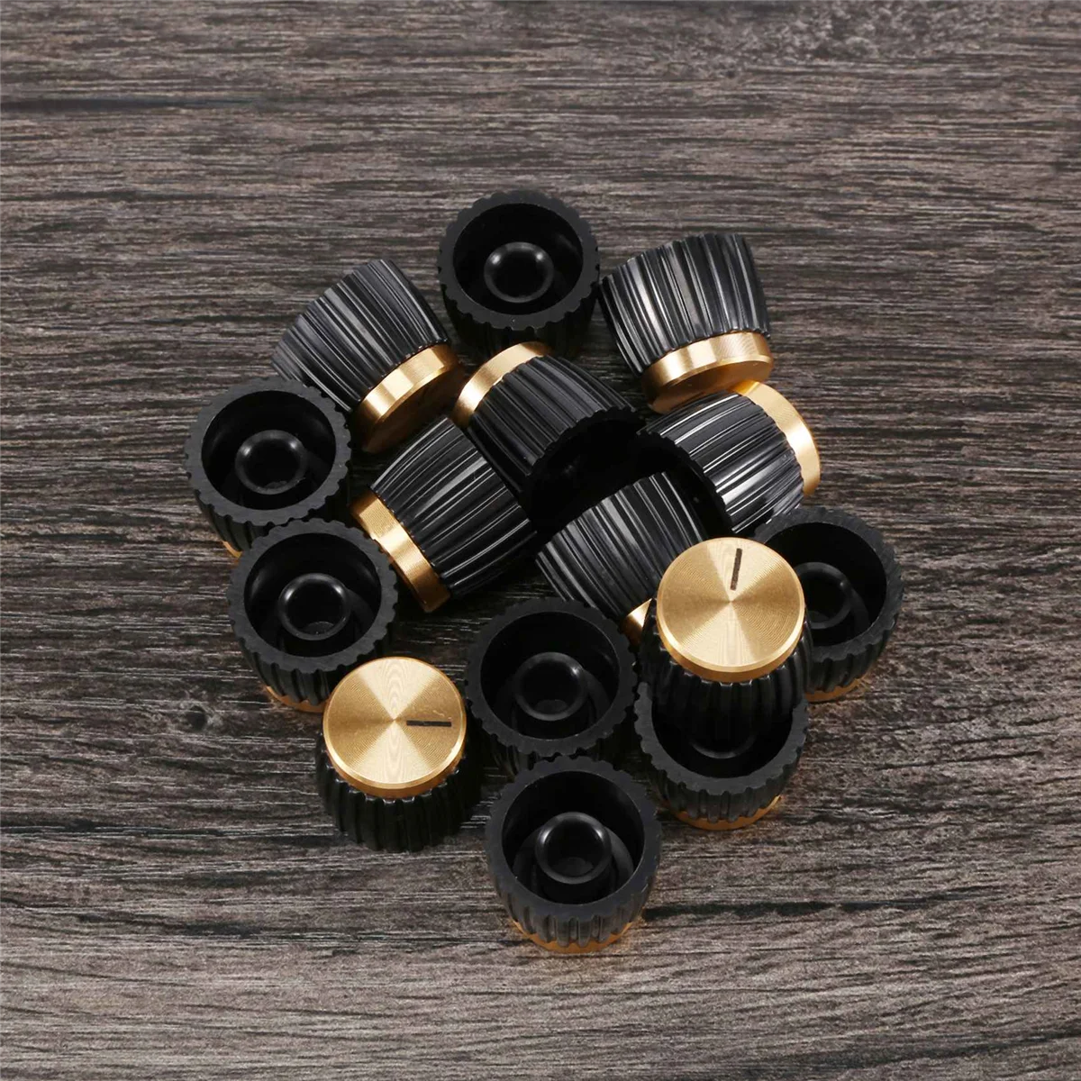 A43I 15Pcs Guitar AMP Amplifier Push on Fit Knobs Black with Gold Aluminum Cap Top Fits 6Mm Diameter Pots Marshall Amplifiers