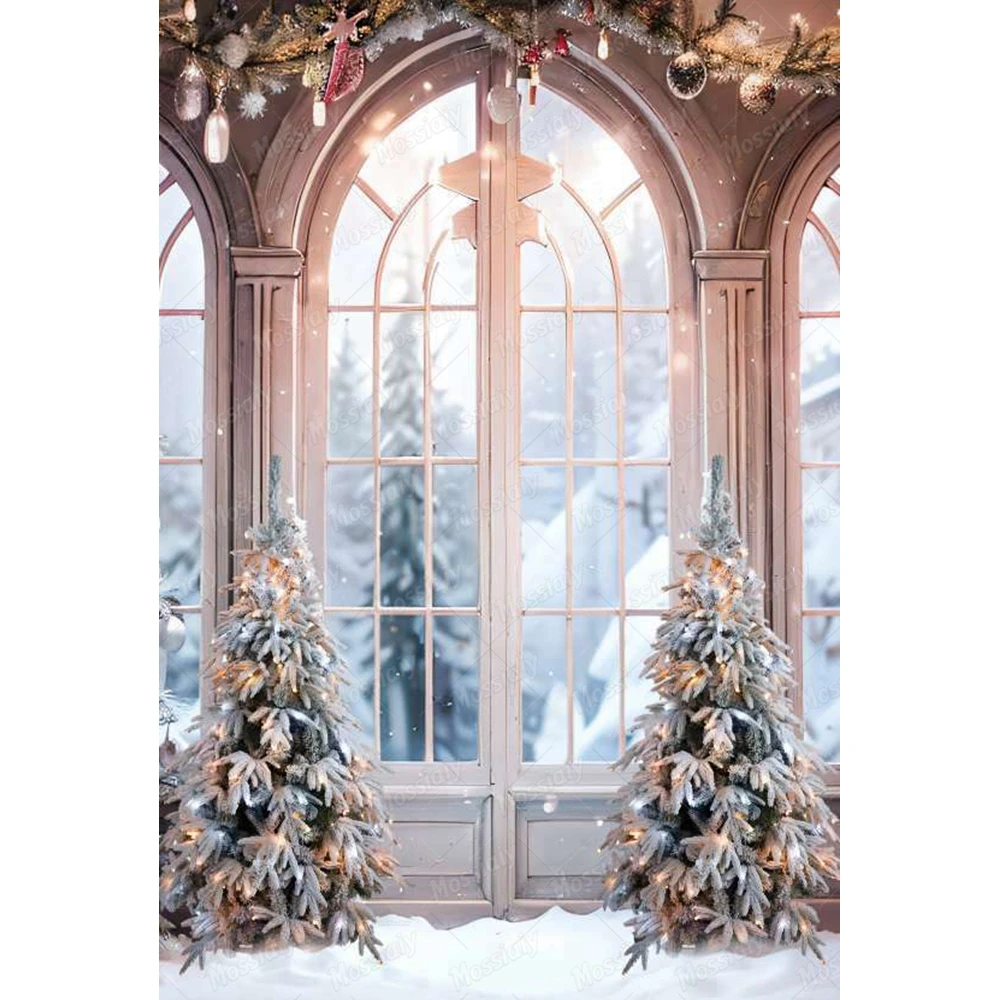 Winter Wonderland Christmas Backdrop Window Xmas Tree Snow Snowflakes Photography Background Party Decor Photo Studio Photozone