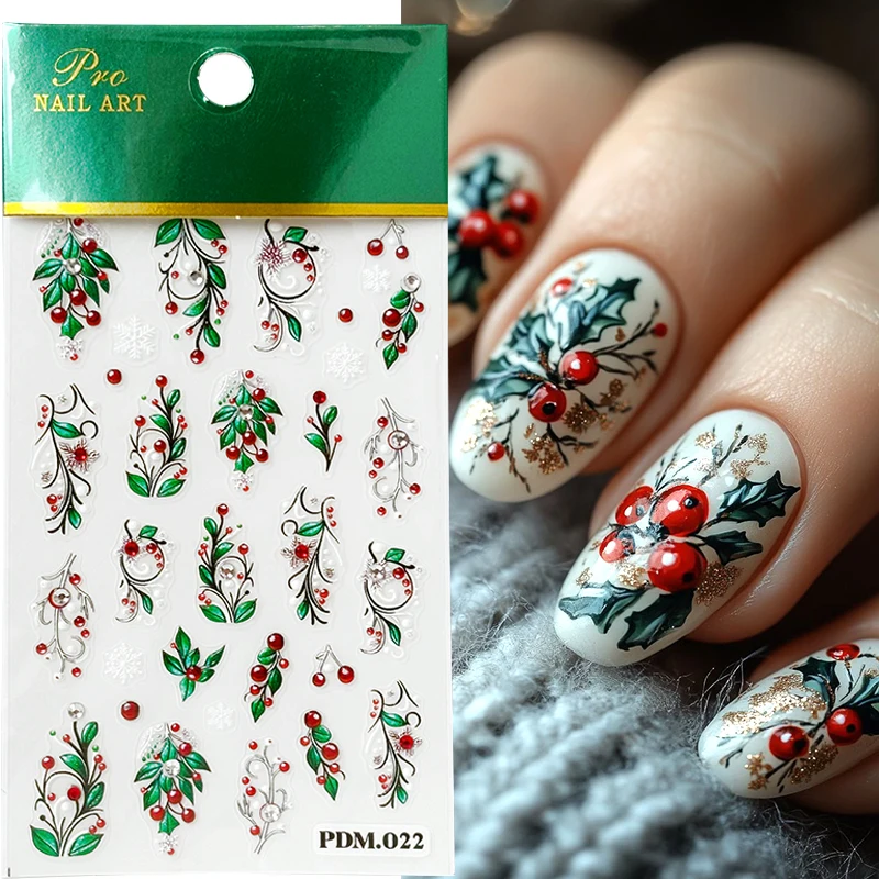 5D Christmas Embossed Nail Stickers Green Holly Leaves Floral Vine Adhesive Decals With Rhinestone Winter  Nail Art Decorations
