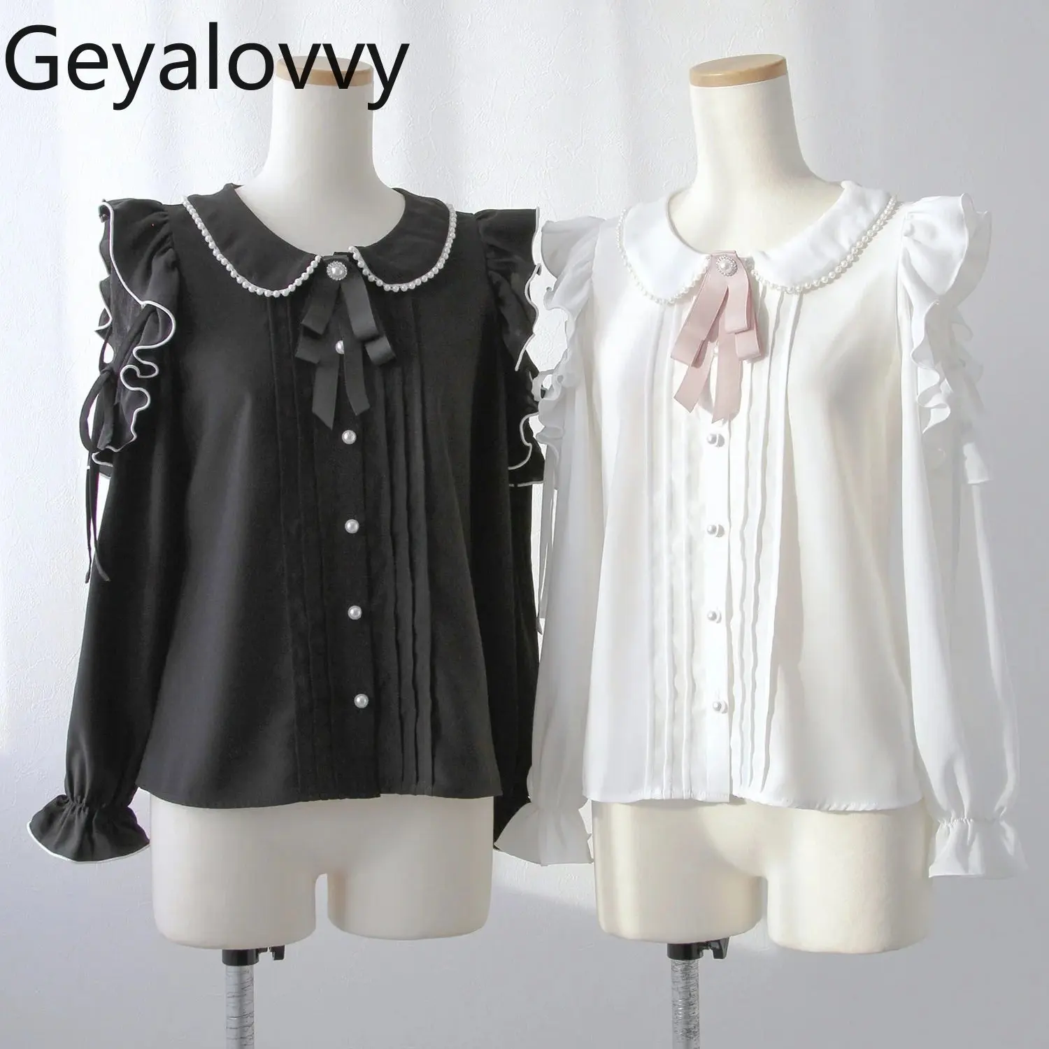 

Spring New Versatile Japanese Style Solid Color Shirt Heavy Lace Trim Off-Shoulder Ruffle Blouse Bow Pearl Long Sleeves tops