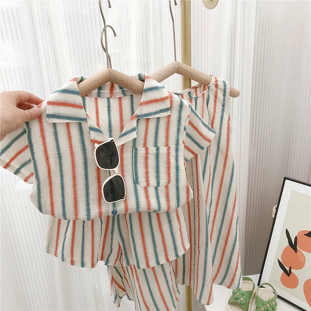 Summer Toddler Siblings Attire Turn Down Collar Top Striped Shorts Infant Boy Suit Loose Sleeveless Retro Dress Baby Girl Outfit