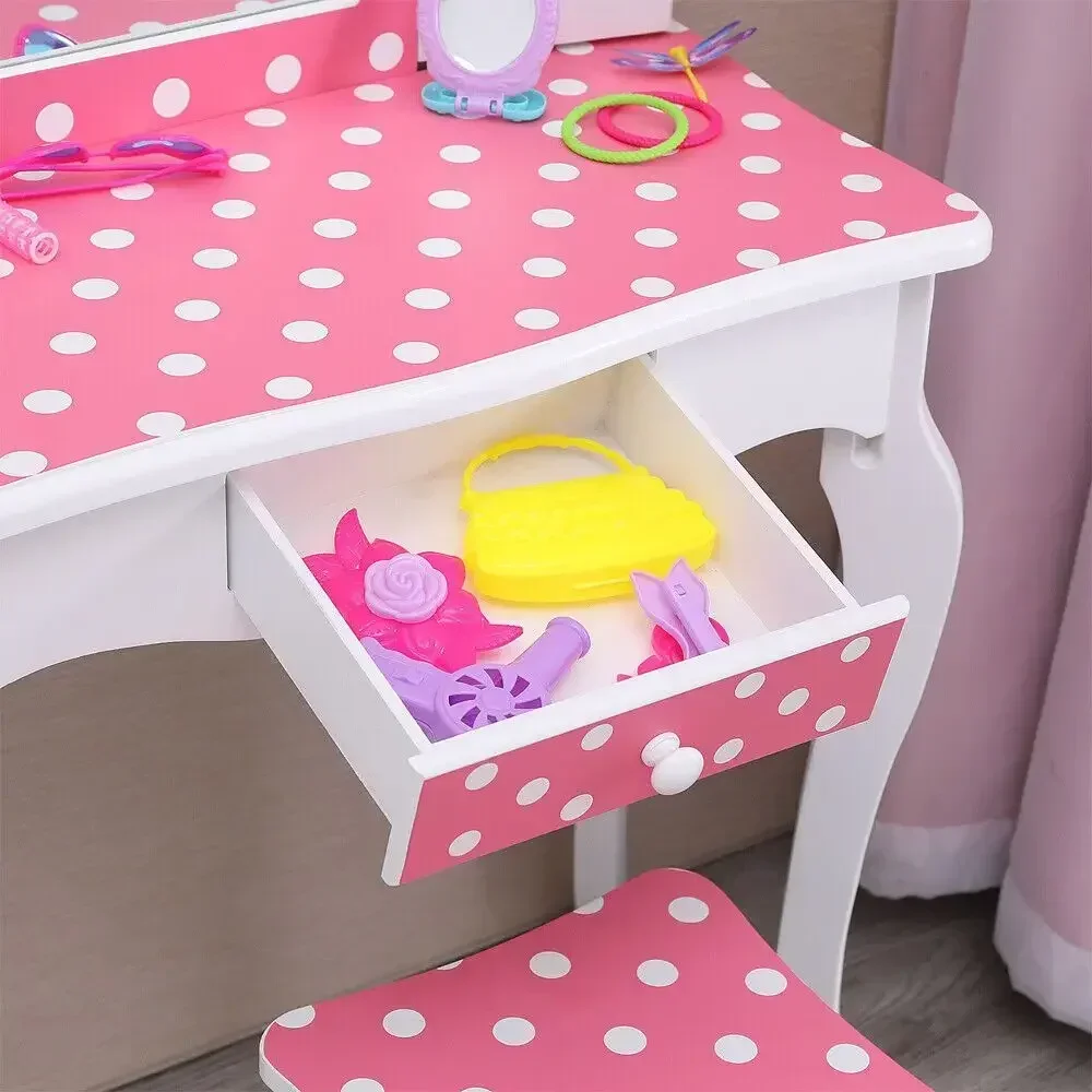 Kids Girls Vanity Makeup Dressing Table Vanity Set With Fliding Mirror Chair