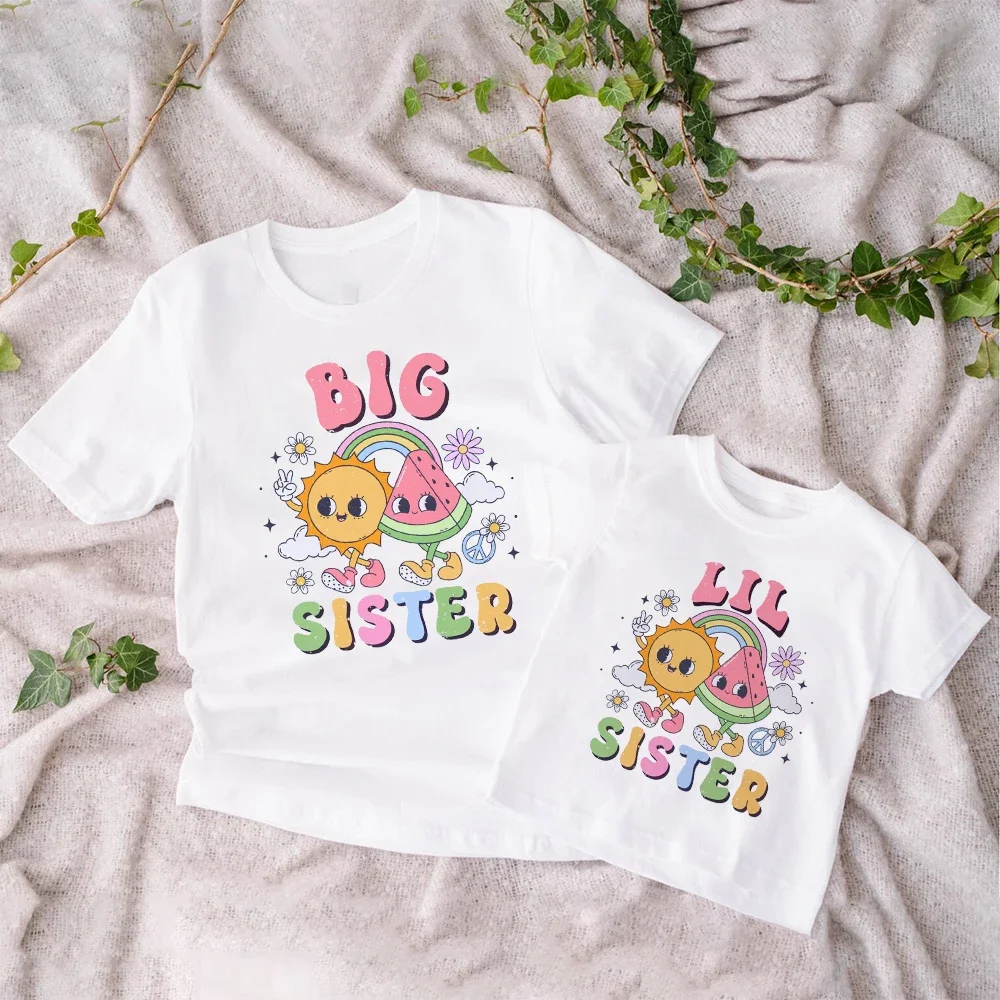 

Big Sister Little Sister Print Family Matching Shirt Kids Summer T-shirt Girls Retro Short Sleeve Shirts Big Sis Little Sis Tops