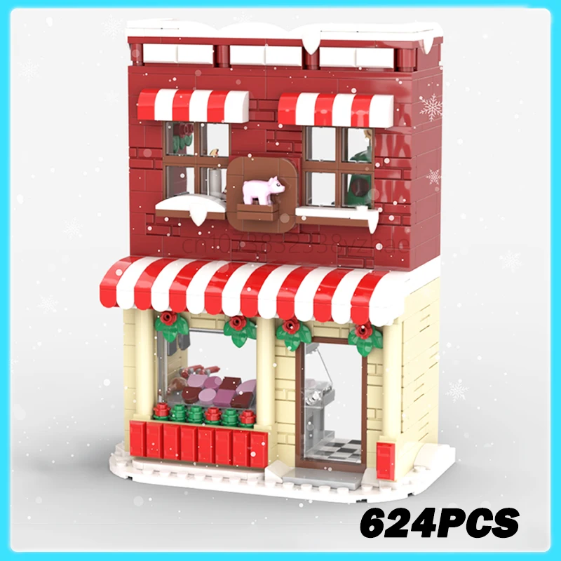 

624 шт. MOC-241355 зимняя деревня, мясник, рождественская серия, модель с видом на улицу, строительные блоки, кирпичи, игрушки, детский рождественский подарок