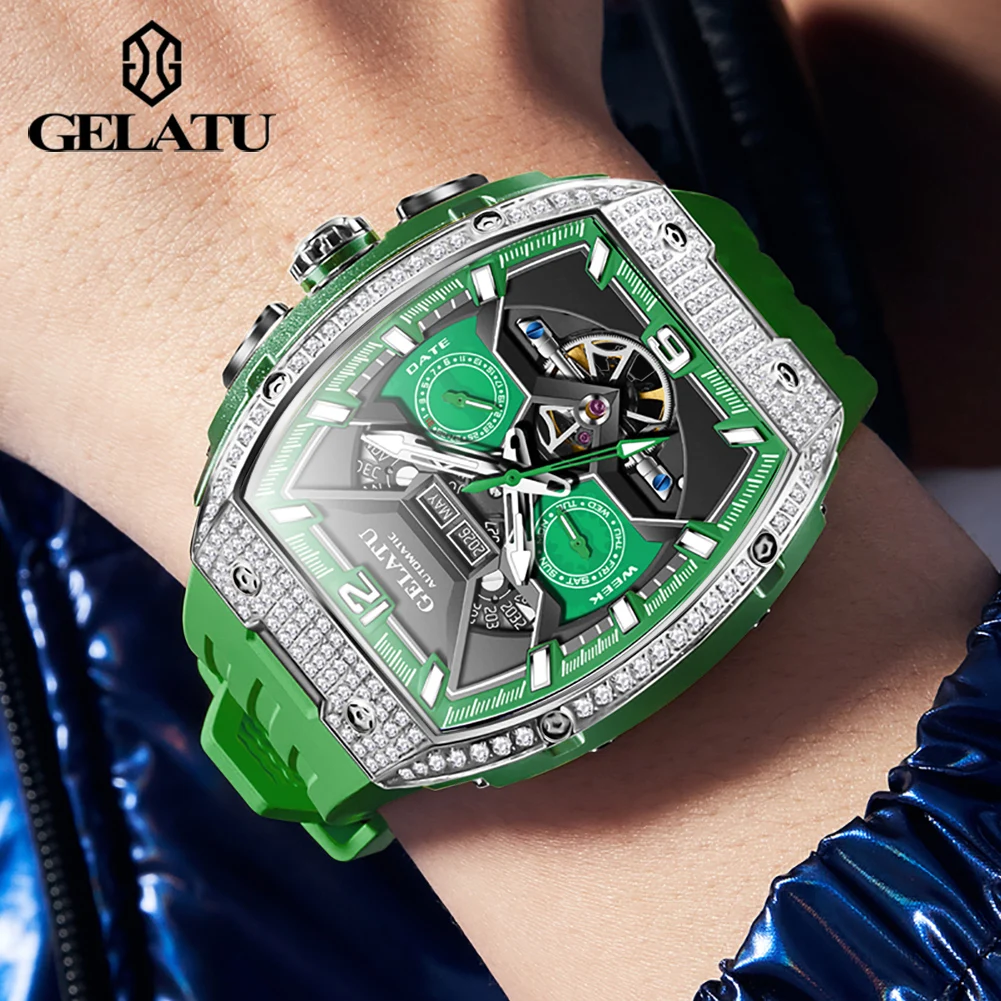 GELATU 6016 High-end Full Diamond Automatic Mechanical Watch for Men Multifunction Hollow Silicone Strap Men\'s Wristwatches