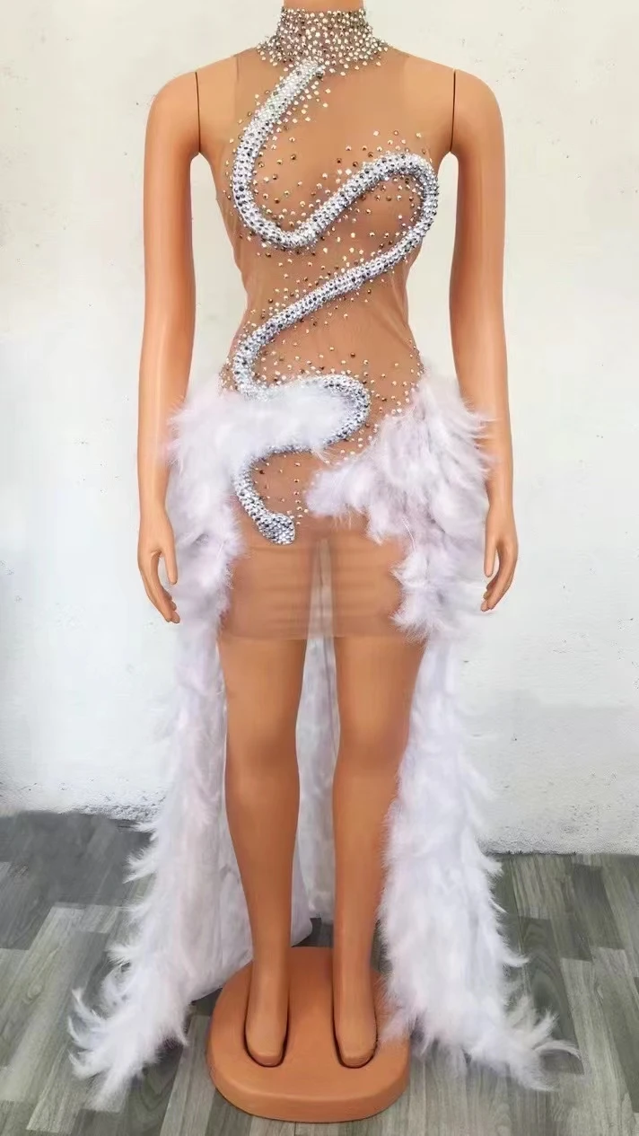 

Sparkly Rhinestones Feather Train Long VelvetDress Evening Birthday Celebrate Party DressWomen Singer Performance Stage WearA099