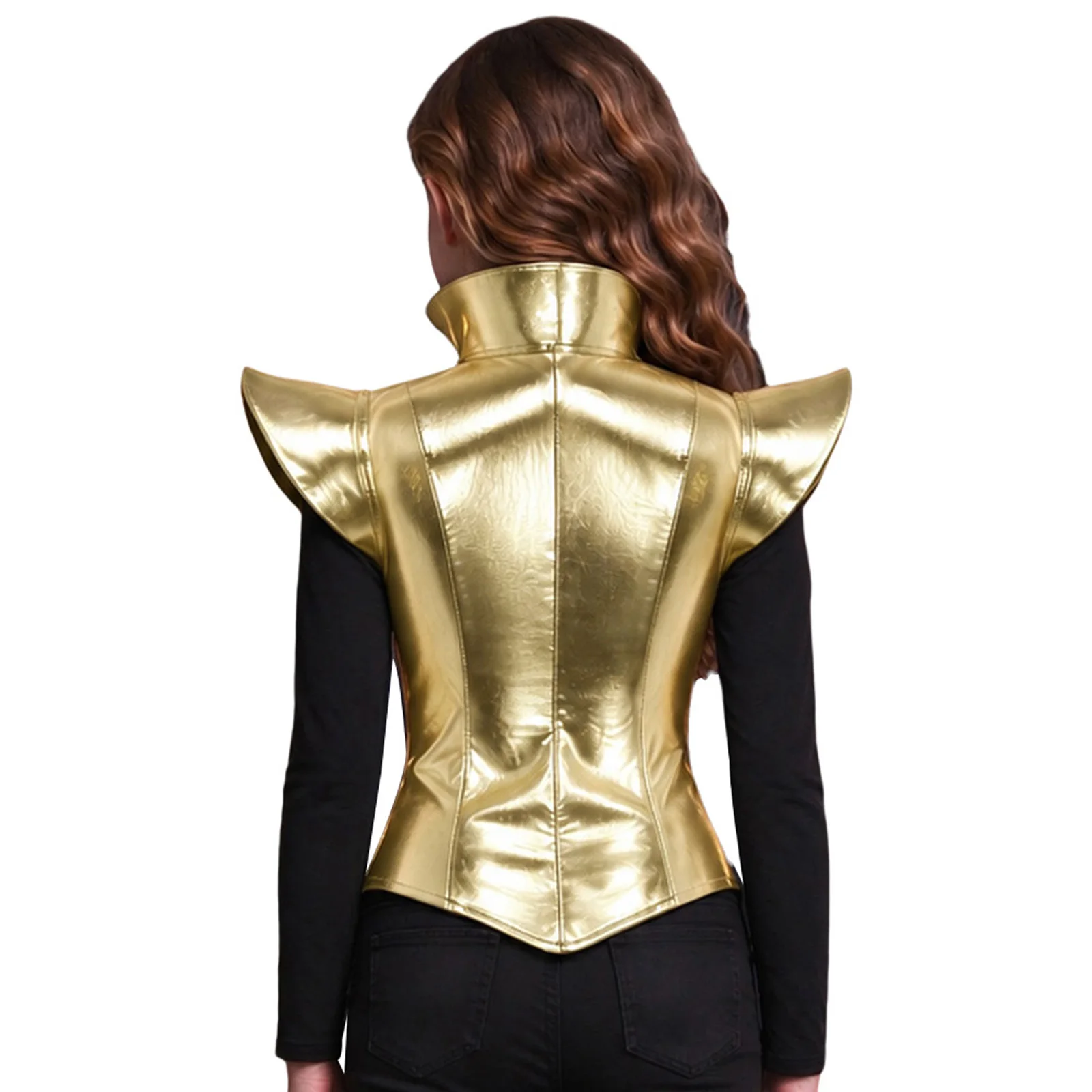 Kid Girls Metallic Armor Shrug Top Cap Sleeves Stand Collar Cutout Front Zipper Slim Fit Tops for Halloween Carnival Theme Party