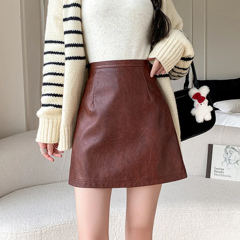 Seoulish Autumn Winter Faux PU Leather Women\'s A-line MIni Skirts 2024 New Red High Waist Short Skater Skirts Female