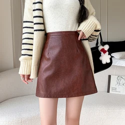 Seoulish Autumn Winter Faux PU Leather Women's A-line MIni Skirts 2024 New Red High Waist Short Skater Skirts Female