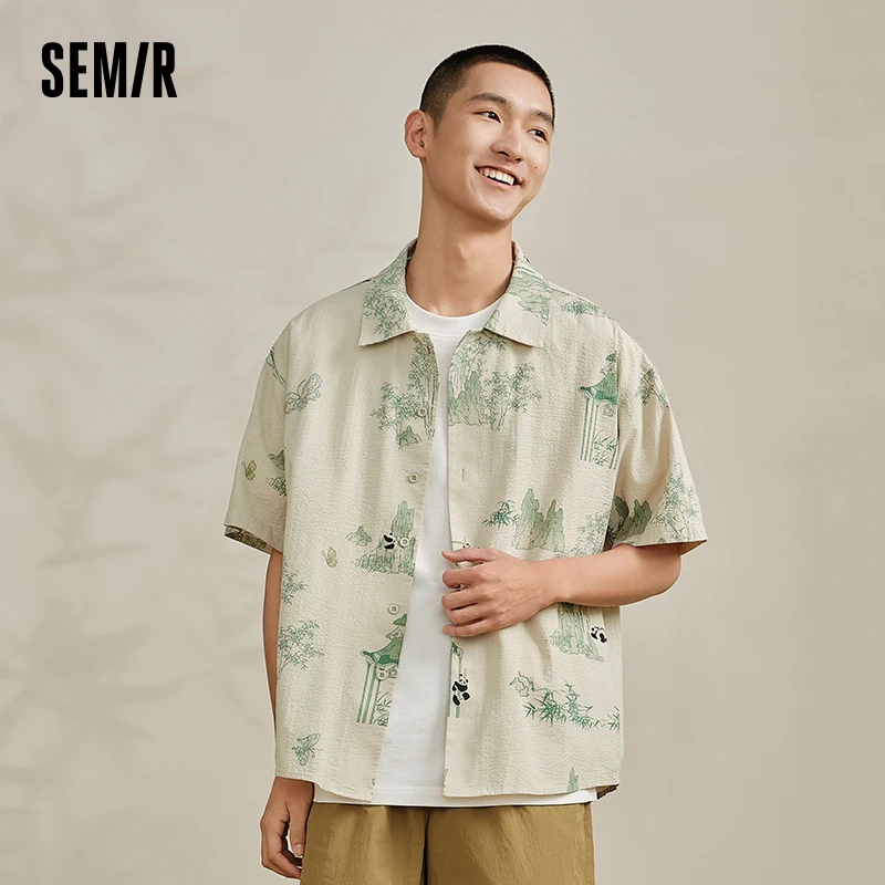 Semir Short-Sleeved Shirt For Men 2024 Summer New Loose Pure Cotton Top Trendy National Style Print