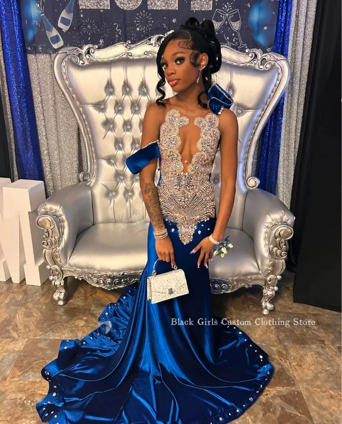 Gorgeous Diamond Mermaid Prom Dress 2024 Luxury Royal Blue Sheer Mesh African Evening Black Girls Birthday Party hochzeitskleid