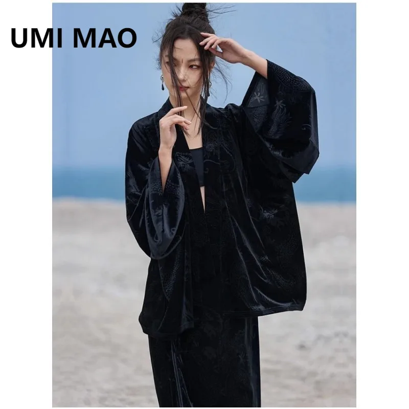 UMI MAO New Chinese Style Double Breasted Women's Spring Retro Chinese Style Dragon Pattern Velvet Embossed Cardigan Top Black