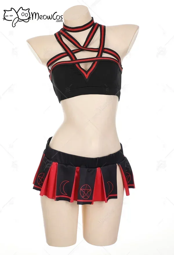 Meowcos-Sexy Gothic Sleepwear Set para Mulheres, Cheerleader Cosplay Costume, Pentagrama Vermelho Design, Top Bra e Saia Set, Lingrie