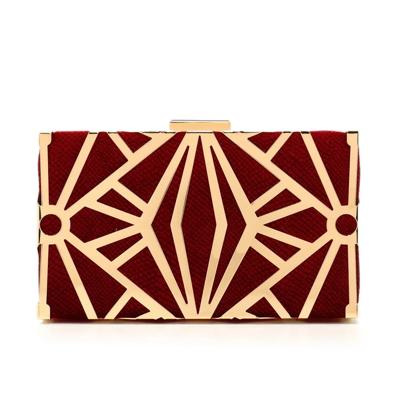

Modern Burgundy Clutch Bags Women Chic Design Handmade Metal Socialite Party Hollow Out Purses Fashionable Formal Evening Bags