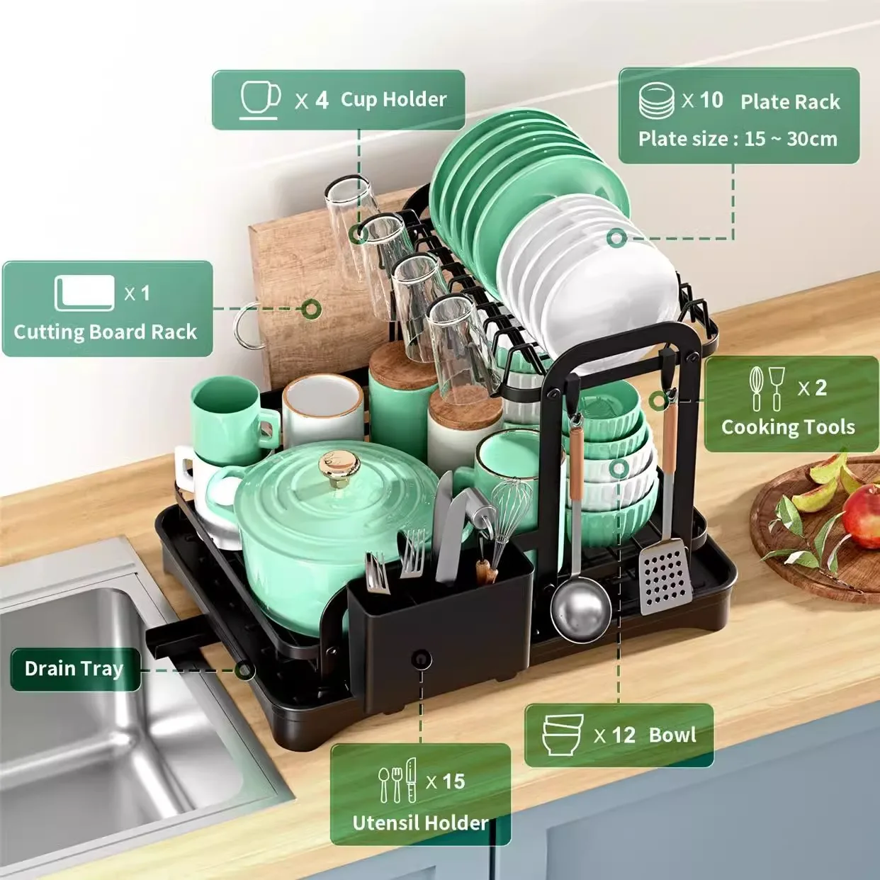 

Black 2 Tier Dish Drying Rack Kitchen Organizer with Drain Board Space Saving Design