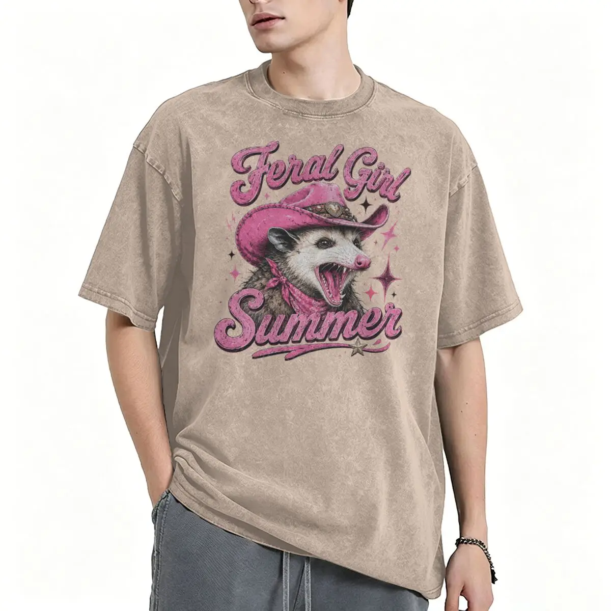 Feral Girl Summer Pink Western Cowgirl Opossum Graphic T Shirt Women Oversized Vintage Washed Animal Short Sleeve Cotton Tee