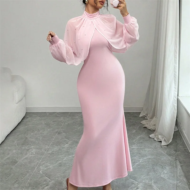 Pearls Black Prom Dress Elegant High Neck Full Sleeves Long Sheath Mermaid Party Gown Formal Wedding Guest Birthday Robe