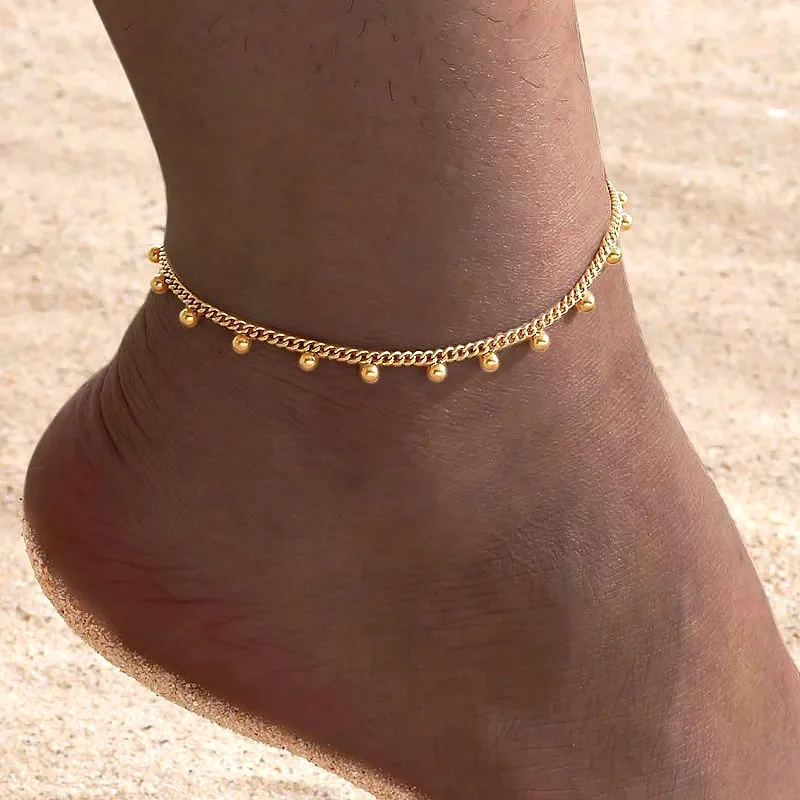 Ball Anklet Bracelet Stainless Steel Non-tarnish Waterproof Adjustable Beach Bead Cuban Link Summer Boho Foot Jewelry for Women